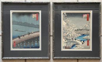 A Pair Of Vintage Japanese Hand Colored Lithographs From The Series '100 Views Of Edo' By Ando Hiroshige