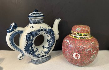 Chinese Blue And White Teapot Paired With Pink Chinese Ginger Jar