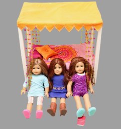 Three American Girl Dolls  With Julies Beaded 70's Groovy Canopy Bed And More