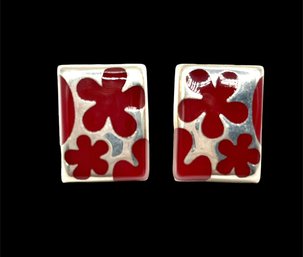 Mexican Sterling Silver Red Flowers Rectangle Earrings