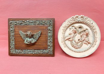 Pair Of Vintage Cherub Wall Hangings-Round Metal And Wood With Plaster