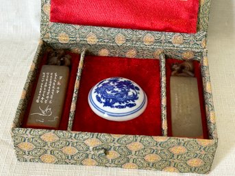 Vintage Chinese Carved Soapstone Wax Seals In Box- Carved Foo Dog Pediments