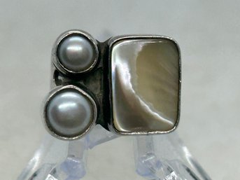 Fine Vintage Mother Of Pearl And Tahitian Pearl Sterling Silver Ring
