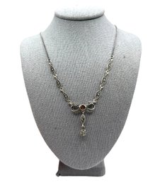 Beautiful Vintage Sterling Silver Marcasite With Garnet Stone Bowtie Necklace