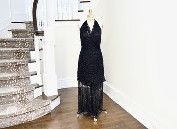 Carmen Marc Valvo Black Beaded Halter Neckline Gown