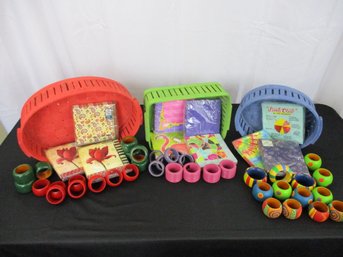 An Entertainer's Delight!  Set Of Colored Baskets With New Cocktail Napkins And Artsy Napkin Holders