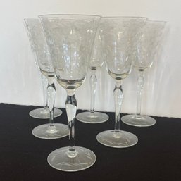 A Set Of SIX Beautiful 1930s Etched Floral Design Wine Glasses