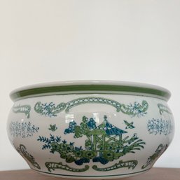 A Chinese Export Cachepot - White Glaze With Green And Blue Hand Painted Pagoda Design