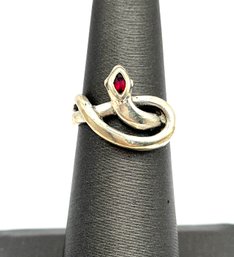 Vintage Sterling Silver Ruby Color Stone Snake Ring, Size 5