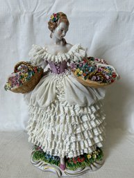 Impressive Antique SITZENDORF GERMANY DRESDEN LACE STATUE- Maiden With 2 Baskets Of Flowers