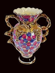 Elegant Vintage Decorative Golden Trimmed And Handled Painted Vase