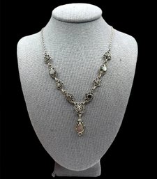 Gorgeous Vintage Sterling Silver Marcasite Mother Of Pearl Y Shaped Necklace