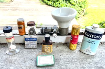 Vintage Dental Lot With Porcelain Cuspidor Marked Oct 5 '75, Stim U Dents, Cement, Jar Of Teeth? And More