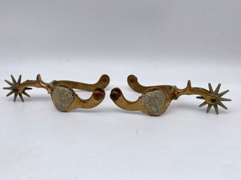 Vintage Pair Of Brass And Passible Silver Buffalo Heads Spurs.
