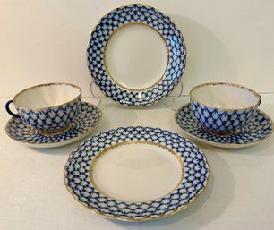 Pair Of Hand Decorated St. Petersburg Teacups, Saucers And Dessert Plates