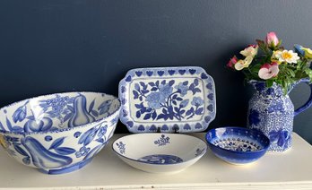 Blue & White Lot With Porcelain Flowers