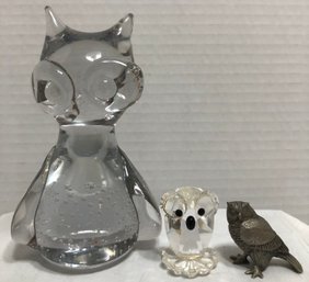 Owls - Controlled Bubble Blown Glass, Crystal And Pewter