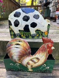 Adorable Rooster And Pig Metal Planters/storage