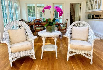 White Wicker Grouping I - Rocking Chair, Table And Chair With Custom Cushion