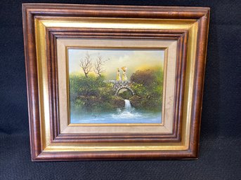 Signed Oil Painting Of Women On Bridge With Waterfall