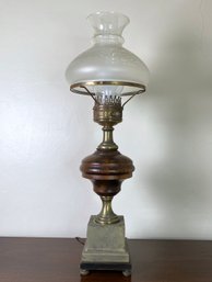 Wood Baluster Element Table Lamp With Frosted Hurricane Shade