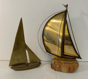 Two Vintage Brass Sailboat Figurines, One Signed John Demott