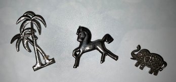 3 Vintage Sterling Figural Brooches Pins ~ Palm Tree, Horse And Marcasite Elephant ~