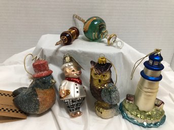 Blown Glass Ornaments - Owl, Pig, Lighthouse, More