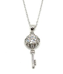 Beautiful Sterling Silver Clear Stones Glittery Key Necklace