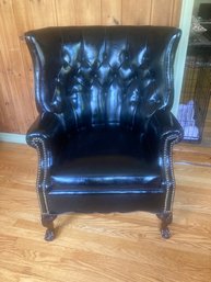 A Vintage Tufted Claw-Foot Arm Chair In Black Patent Leather With Nailhead Trim