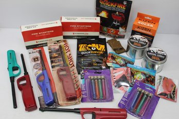 Mixed Lot Of Firemaking Items With Survival Candles, Lighters, Firestarters, Camping Solar Lantern