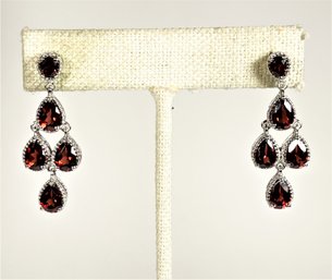 Fine Contemporary Sterling Silver Garnet Pierced Earrings Ear Pendants 925