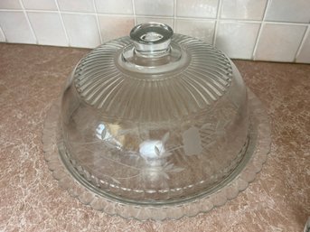 Vintage Etched Glass Cake Plate & Cloche