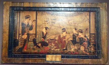 WINTER PARTY JAPANESE PRINT: Utagawa Toyoharu Asian Print On Wooden Board, Brass Corners, Vintage, Music, Snow