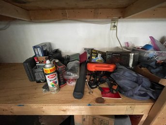 LARGE SHELF LOT MISC TOOLS, INCLUDES HAND DRILL