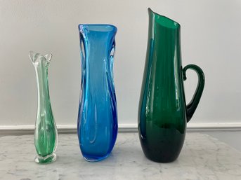 Beautifully Designed Art Glass Pitcher & Vases
