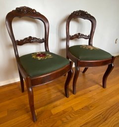Pair - Victorian Carved Wood (mahogany? Walnut?) Chairs  W/coordinating  Needlepoint Seats