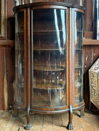 Antique Oak Curved Glass China Cupboard With Ball & Claw Feet