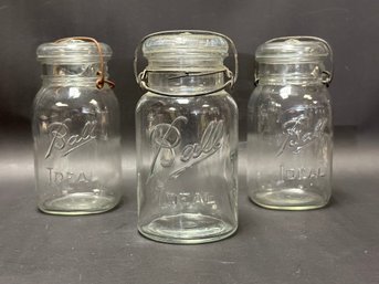 Three Vintage Ball Ideal Jars With Glass Lids & Wire Bails