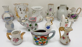 13 Vintage Miniature Jugs, Vases & Other Vessels, Some With Gold Accents