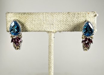 Fine Gemstone Pierced Earrings Blue Topaz And Amethyst Stones