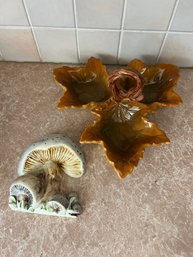 Mushroom Wall Decor & Leaf Form Tri-part Dish