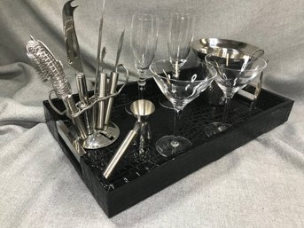 Beautiful Cocktail / Bar Set With Black Faux Crocodile Tray - All Stainless Tools - Tray - And Glassware