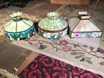 Group Of Three Vintage Leaded / Stained Glass Tiffany Style Light Fixtures - All Need Some Cleaning / Repair