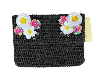 NEW Bay Sky Black Rattan Clutch With Chain Strap