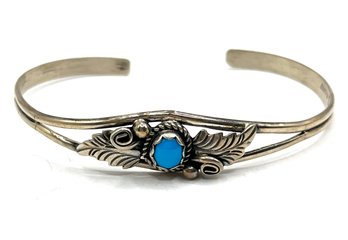 Native American Sterling Silver Turquoise Stone Ornate Cuff Bracelet