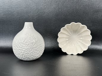 A Pair Of Decorative Ceramics In White: Crate & Barrel Vase & Fluted Bowl