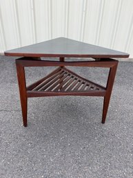 1960s Walnut Triangle Side Table With Floating Laminate Top And Magazine Rack