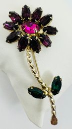 VINTAGE SIGNED WEISS GOLD TONE PURPLE & GREEN RHINESTONE FLOWER BROOCH