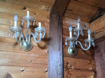 Group Lot Of Three (3) Waterford Style Wall Sconces With Twisted Glass Arms - Need GOOD Cleaning - Nice Lot !